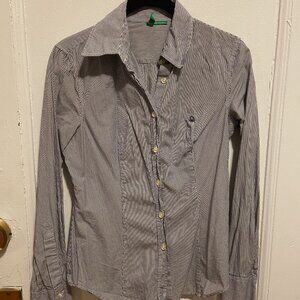 Vintage United Colors of Benetton XS Navy Blue Striped Button Down Blouse